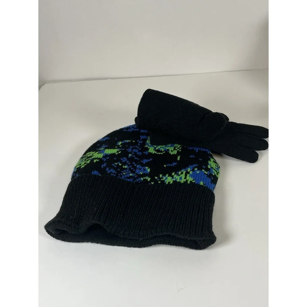 Boys Dinosaur Hat & Gloves Set Green Blue Black‎ Beanie Winter NEW